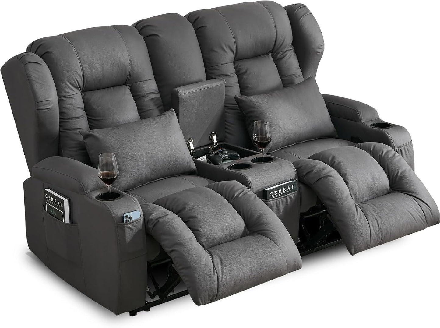 65.5" Loveseat Recliner Sofa | Double Recliner Sofa & Console | Wall Hugger Loveseat Reclining RV Theater Seats | RV Couch Home Theater Seating Furniture (Fabric Gray)