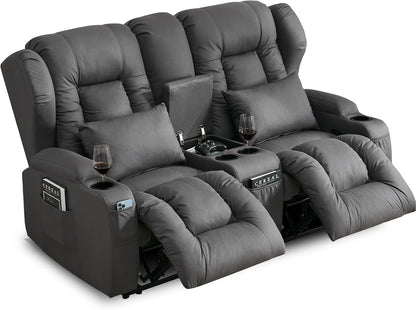 65.5" Loveseat Recliner Sofa | Double Recliner Sofa & Console | Wall Hugger Loveseat Reclining RV Theater Seats | RV Couch Home Theater Seating Furniture (Fabric Gray)