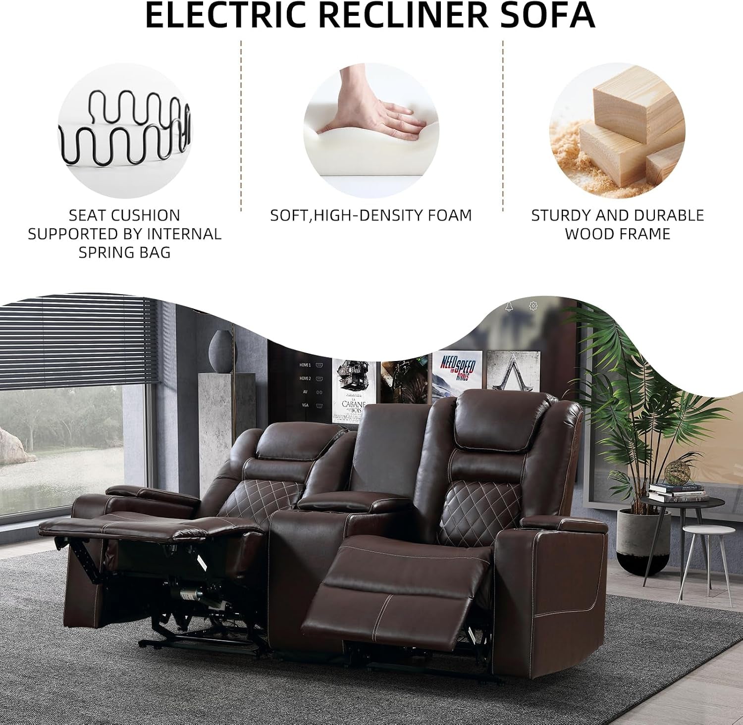 Home Theater Seating Seats, Theater Recliner Chair Power Recliner Sofa with Console, Cup Holders, Hidden Arm Storage, USB Ports,Brown