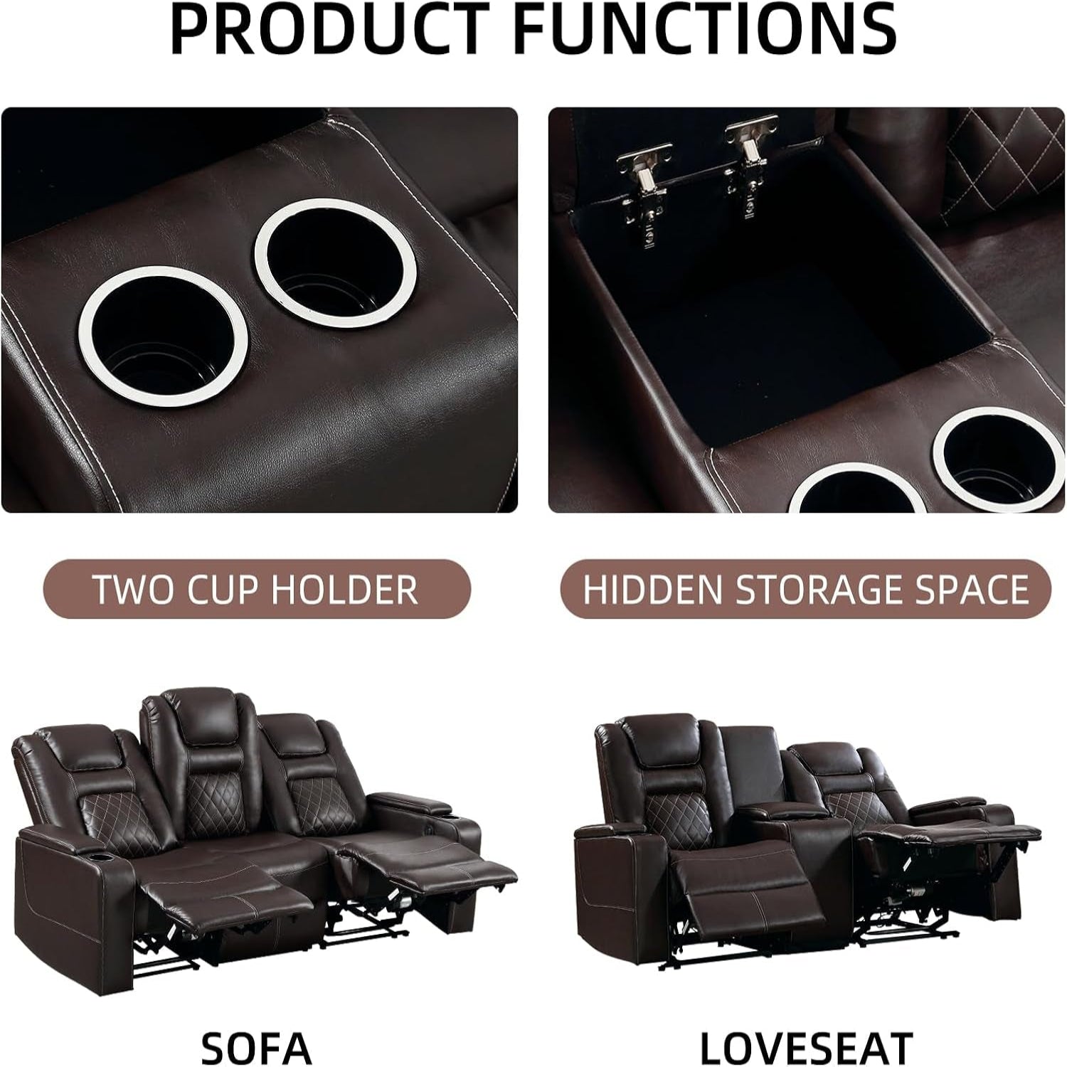 Home Theater Seating Seats, Theater Recliner Chair Power Recliner Sofa with Console, Cup Holders, Hidden Arm Storage, USB Ports,Brown