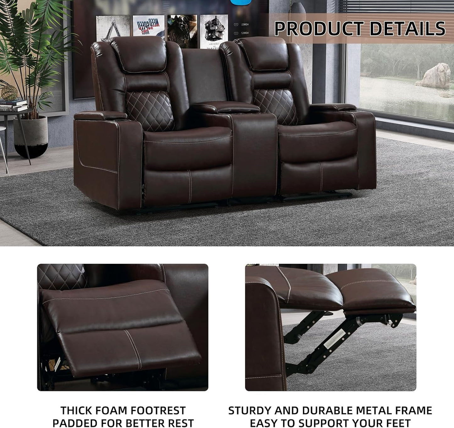 Home Theater Seating Seats, Theater Recliner Chair Power Recliner Sofa with Console, Cup Holders, Hidden Arm Storage, USB Ports,Brown