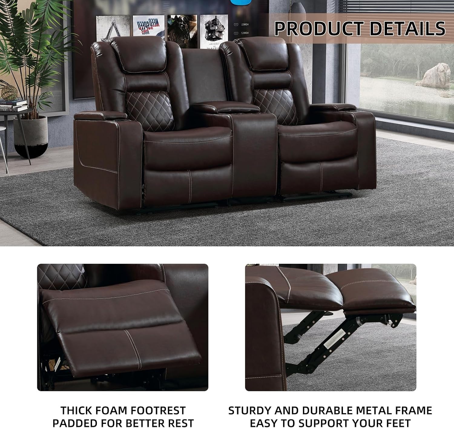 Home Theater Seating Seats, Theater Recliner Chair Power Recliner Sofa with Console, Cup Holders, Hidden Arm Storage, USB Ports,Brown