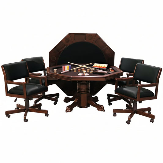 3-In1 Combination Game & Dining Table Set with 4 Rocker-Swivel Chairs- (Mahogany Finish)