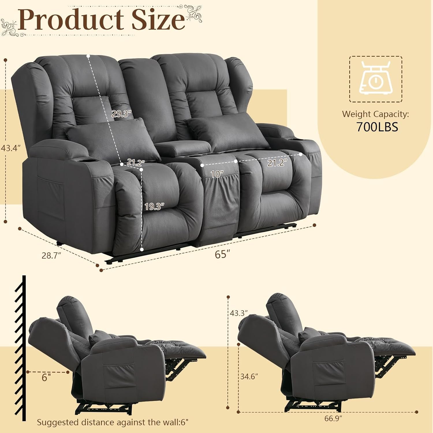 65.5" Loveseat Recliner Sofa | Double Recliner Sofa & Console | Wall Hugger Loveseat Reclining RV Theater Seats | RV Couch Home Theater Seating Furniture (Fabric Gray)