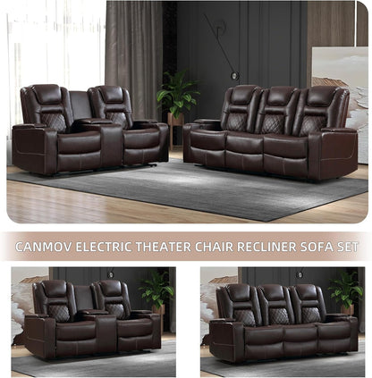 Home Theater Seating Seats, Theater Recliner Chair Power Recliner Sofa with Console, Cup Holders, Hidden Arm Storage, USB Ports,Brown