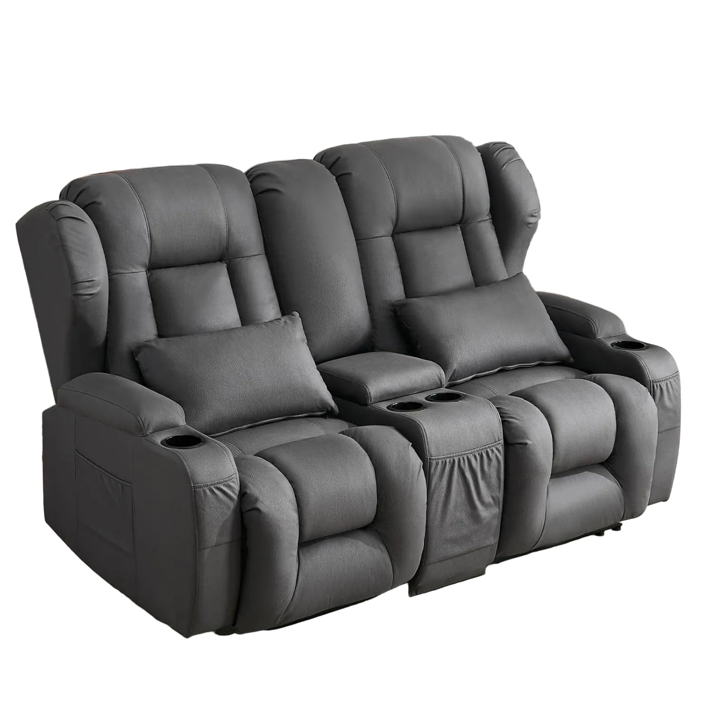65.5" Loveseat Recliner Sofa | Double Recliner Sofa & Console | Wall Hugger Loveseat Reclining RV Theater Seats | RV Couch Home Theater Seating Furniture (Fabric Gray)