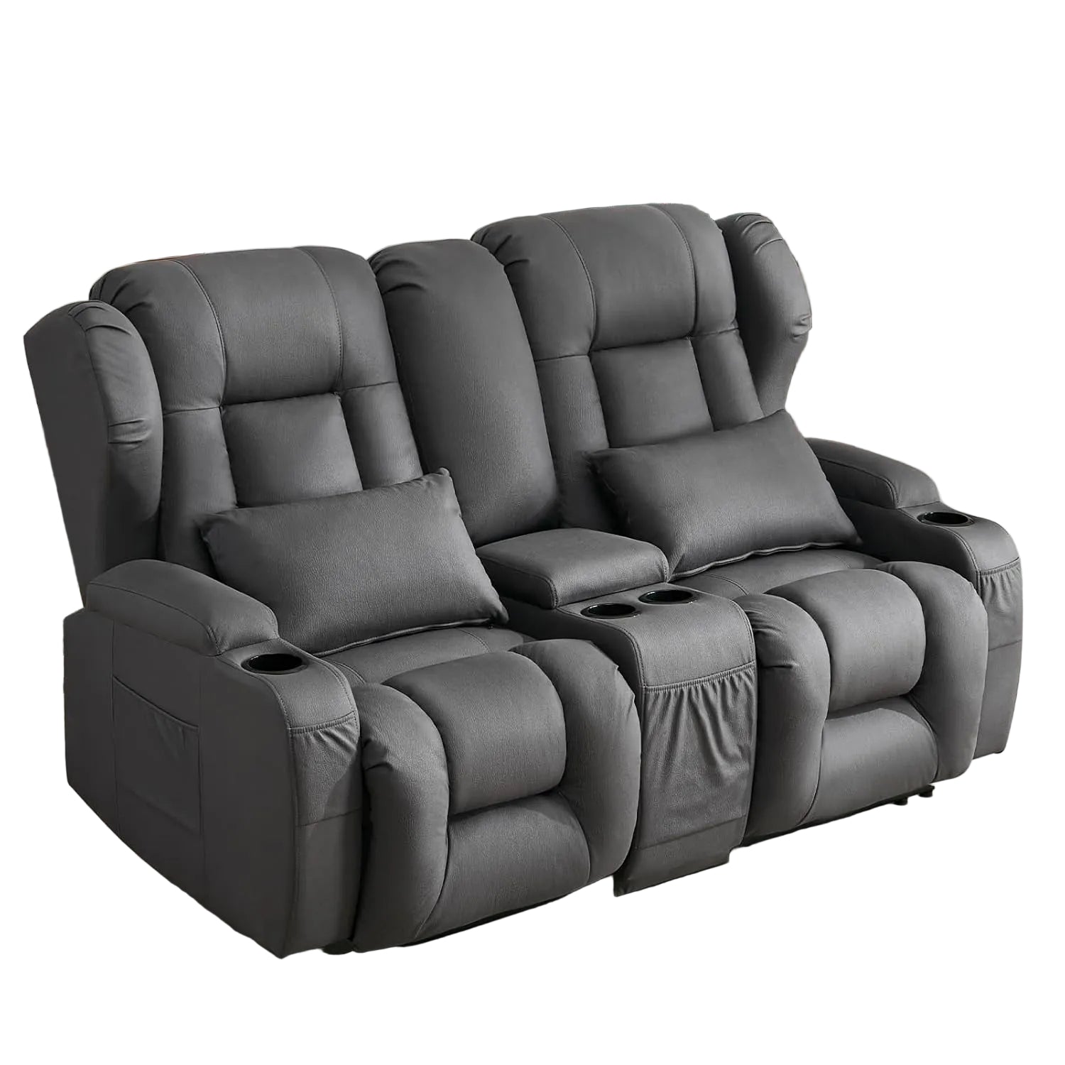 65.5" Loveseat Recliner Sofa | Double Recliner Sofa & Console | Wall Hugger Loveseat Reclining RV Theater Seats | RV Couch Home Theater Seating Furniture (Fabric Gray)