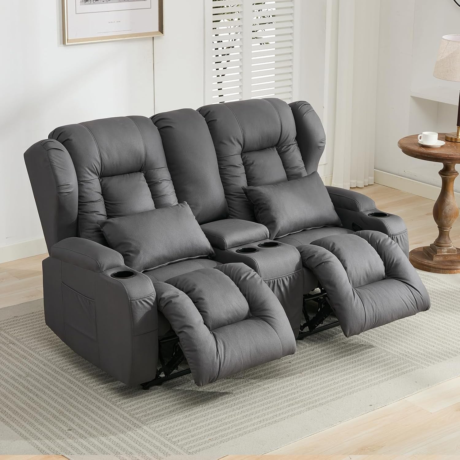 65.5" Loveseat Recliner Sofa | Double Recliner Sofa & Console | Wall Hugger Loveseat Reclining RV Theater Seats | RV Couch Home Theater Seating Furniture (Fabric Gray)