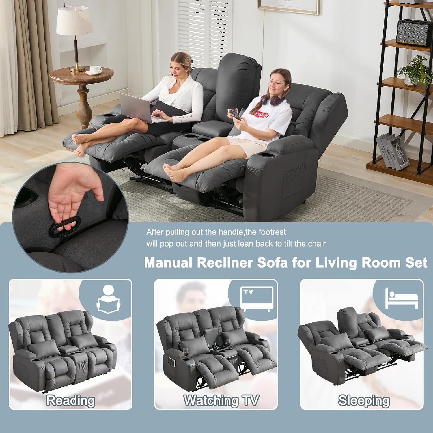 65.5" Loveseat Recliner Sofa | Double Recliner Sofa & Console | Wall Hugger Loveseat Reclining RV Theater Seats | RV Couch Home Theater Seating Furniture (Fabric Gray)