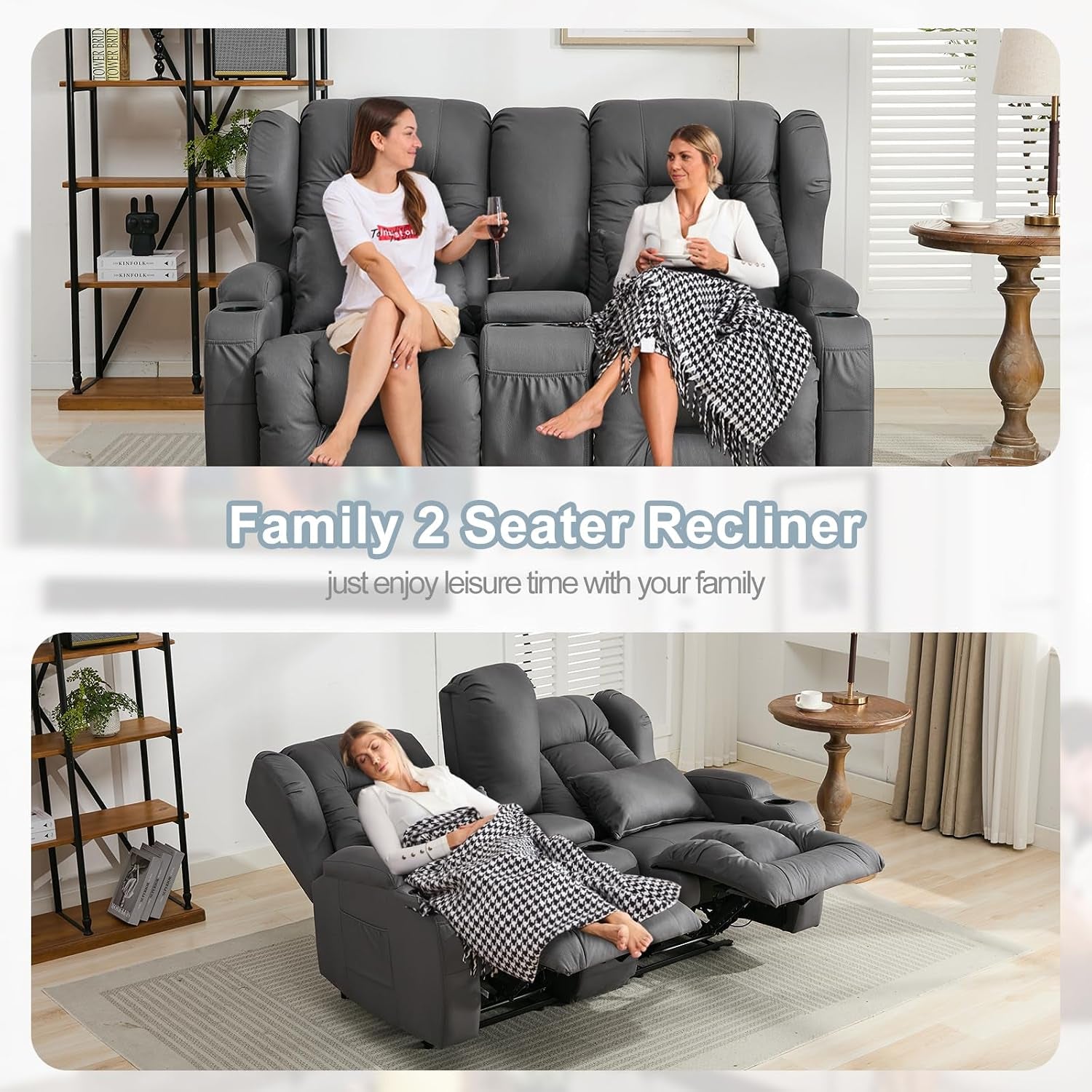 65.5" Loveseat Recliner Sofa | Double Recliner Sofa & Console | Wall Hugger Loveseat Reclining RV Theater Seats | RV Couch Home Theater Seating Furniture (Fabric Gray)
